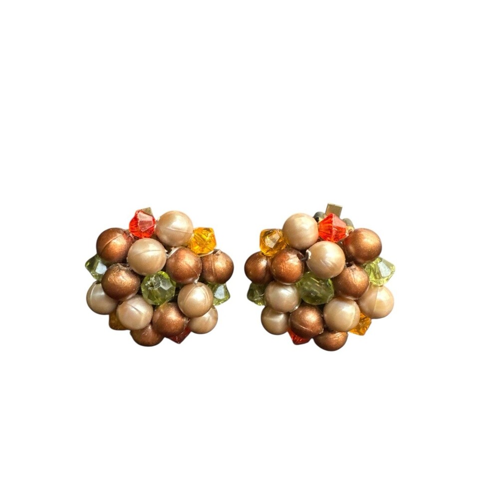 Vintage West Germany Clip On Earrings Bead Cluster Faux Pearl 1950s